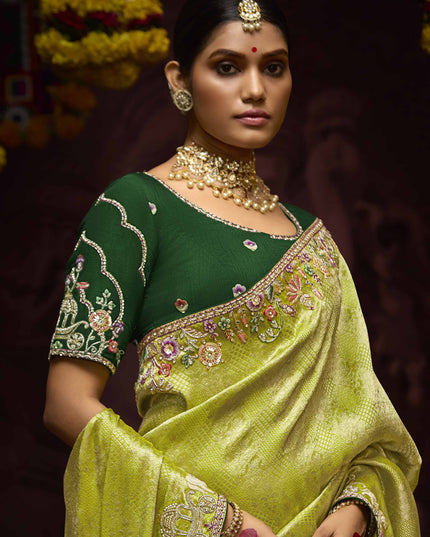 Opulent Lime Yellow Pure Banarasi Kanjivaram Saree for Wedding