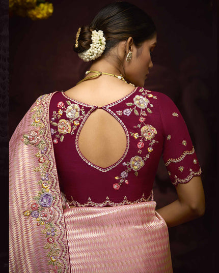 Fashionable Coral Pink Pure Banarasi Kanjivaram Saree for Wedding