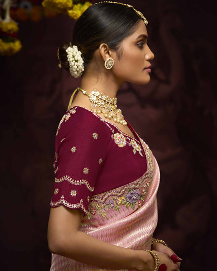 Fashionable Coral Pink Pure Banarasi Kanjivaram Saree for Wedding