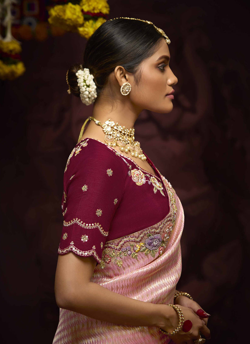 Fashionable Coral Pink Pure Banarasi Kanjivaram Saree for Wedding
