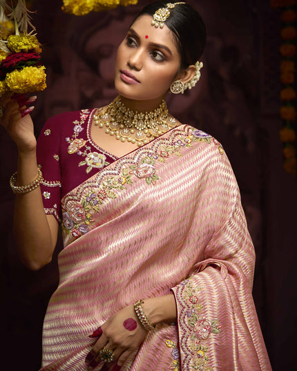 Fashionable Coral Pink Pure Banarasi Kanjivaram Saree for Wedding