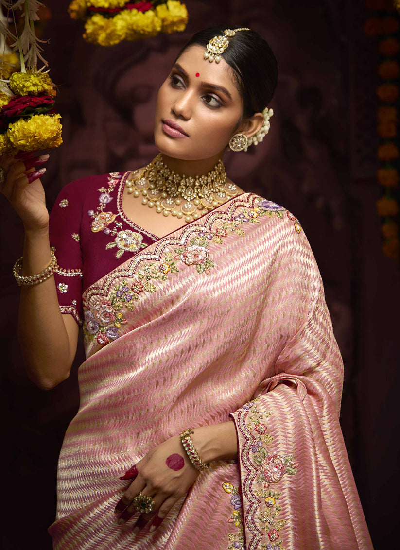 Fashionable Coral Pink Pure Banarasi Kanjivaram Saree for Wedding