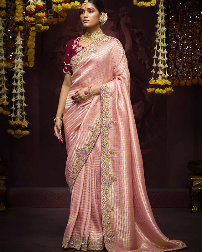 Fashionable Coral Pink Pure Banarasi Kanjivaram Saree for Wedding