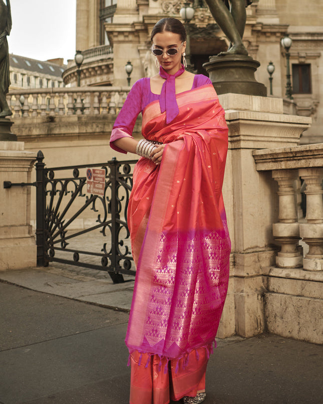 Coral Orange Silk Woven Saree