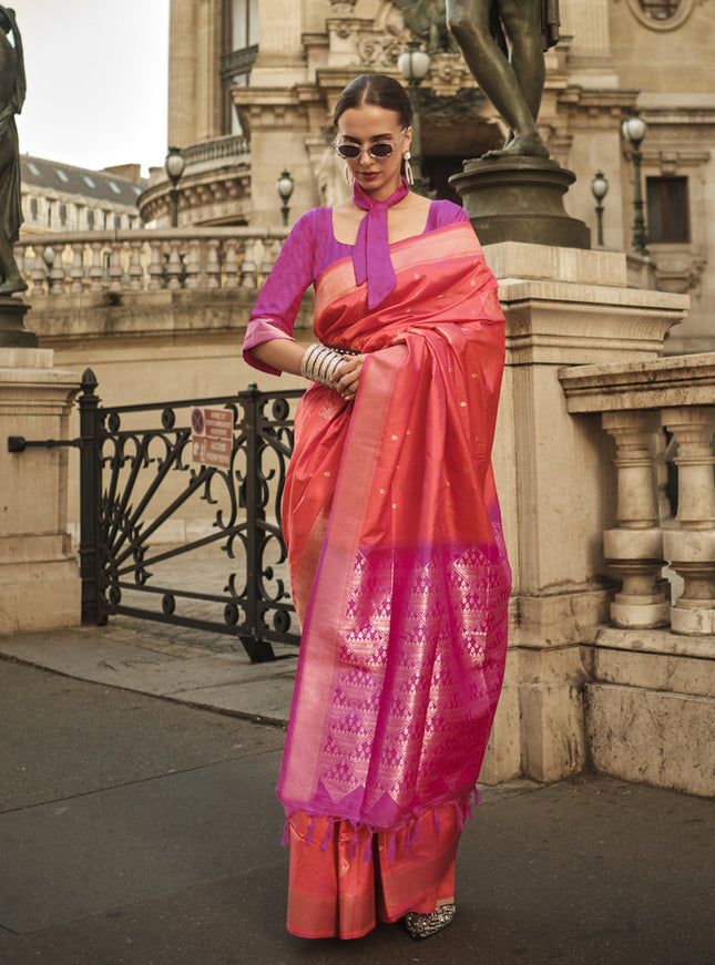 Coral Orange Silk Woven Saree