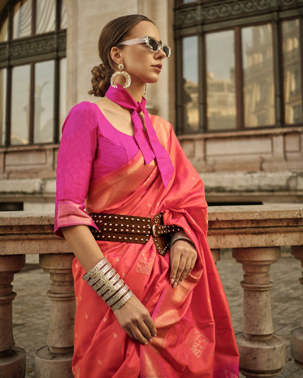 Coral Orange Silk Woven Saree