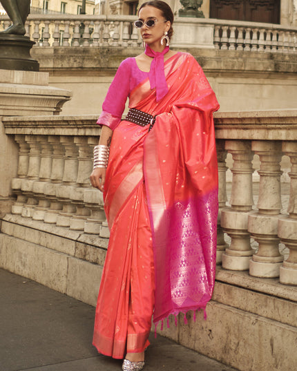Coral Orange Silk Woven Saree