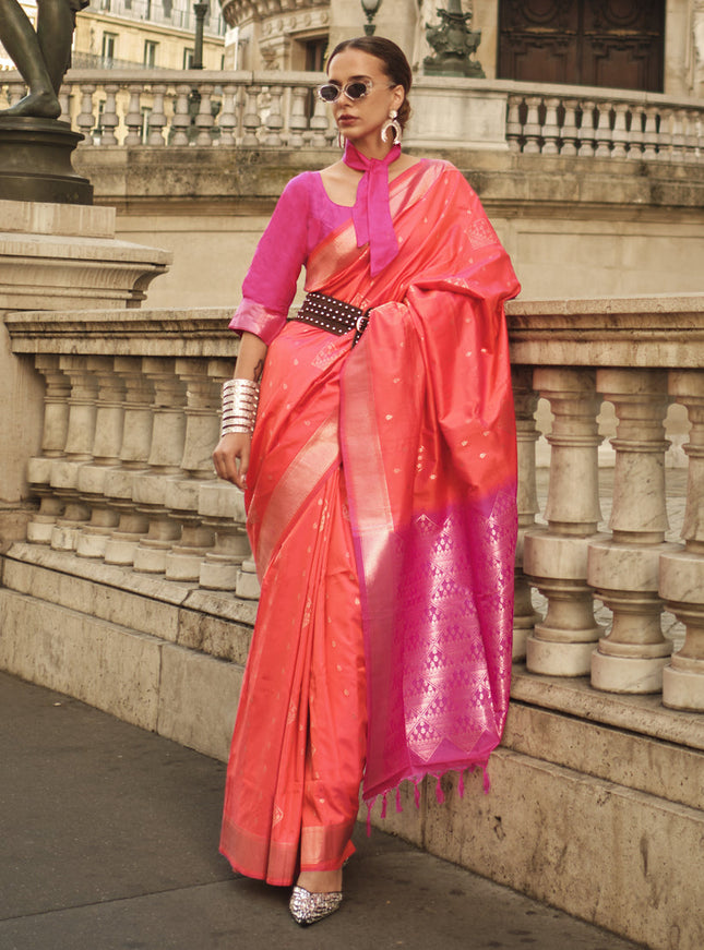 Coral Orange Silk Woven Saree