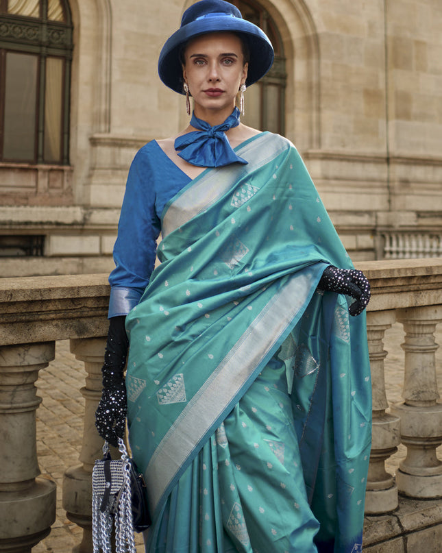 Turquoise Silk Woven Saree