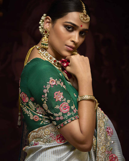 Dashing Silver Pure Banarasi Kanjivaram Saree for Wedding