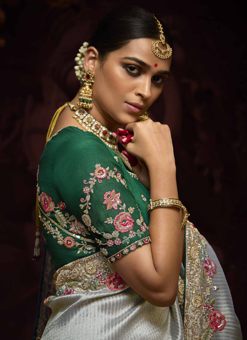 Dashing Silver Pure Banarasi Kanjivaram Saree for Wedding
