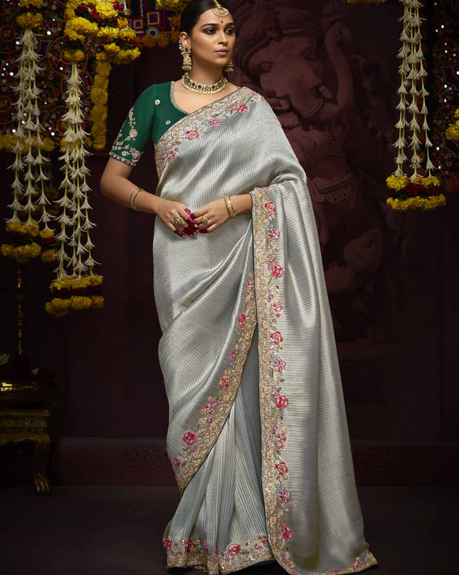 Dashing Silver Pure Banarasi Kanjivaram Saree for Wedding