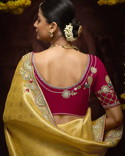 Voguish Pastel Yellow Pure Banarasi Kanjivaram Saree for Wedding