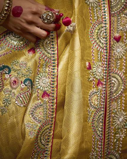 Voguish Pastel Yellow Pure Banarasi Kanjivaram Saree for Wedding