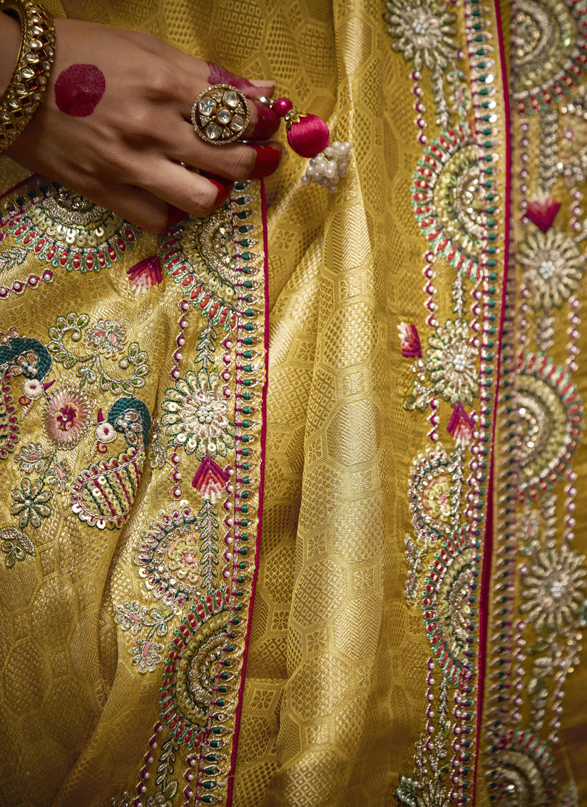 Voguish Pastel Yellow Pure Banarasi Kanjivaram Saree for Wedding