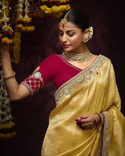 Voguish Pastel Yellow Pure Banarasi Kanjivaram Saree for Wedding