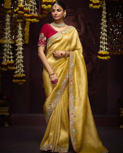 Voguish Pastel Yellow Pure Banarasi Kanjivaram Saree for Wedding