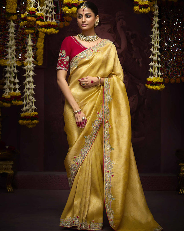 Voguish Pastel Yellow Pure Banarasi Kanjivaram Saree for Wedding