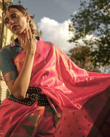 Coral Pink Art Silk Handllom Woven Saree