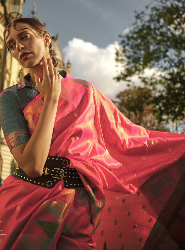 Coral Pink Art Silk Handllom Woven Saree