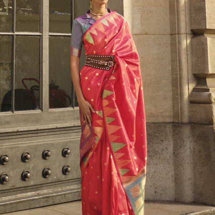 Coral Pink Art Silk Handllom Woven Saree