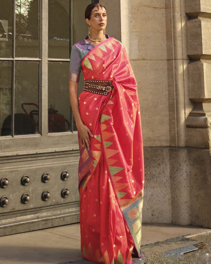 Coral Pink Art Silk Handllom Woven Saree