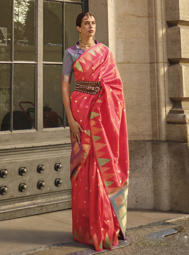 Coral Pink Art Silk Handllom Woven Saree