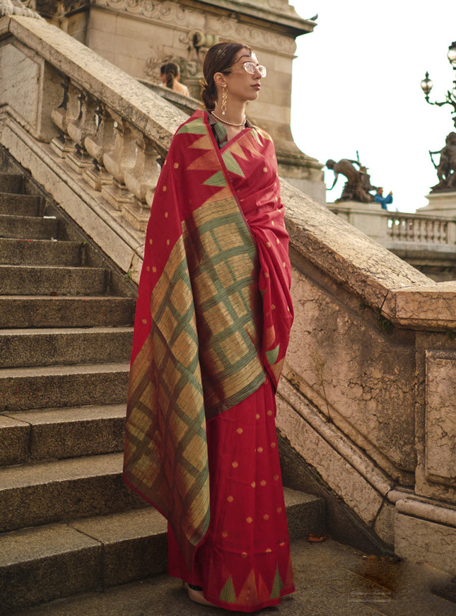 Red Art Silk Handllom Woven Saree