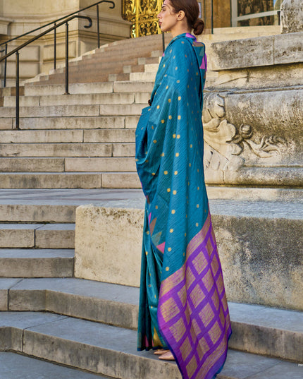 Teal Blue Art Silk Handllom Woven Saree