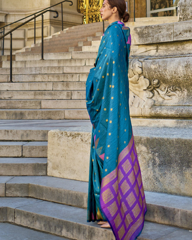 Teal Blue Art Silk Handllom Woven Saree