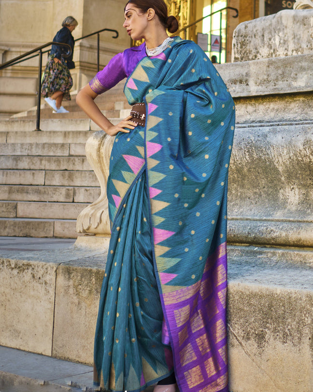 Teal Blue Art Silk Handllom Woven Saree