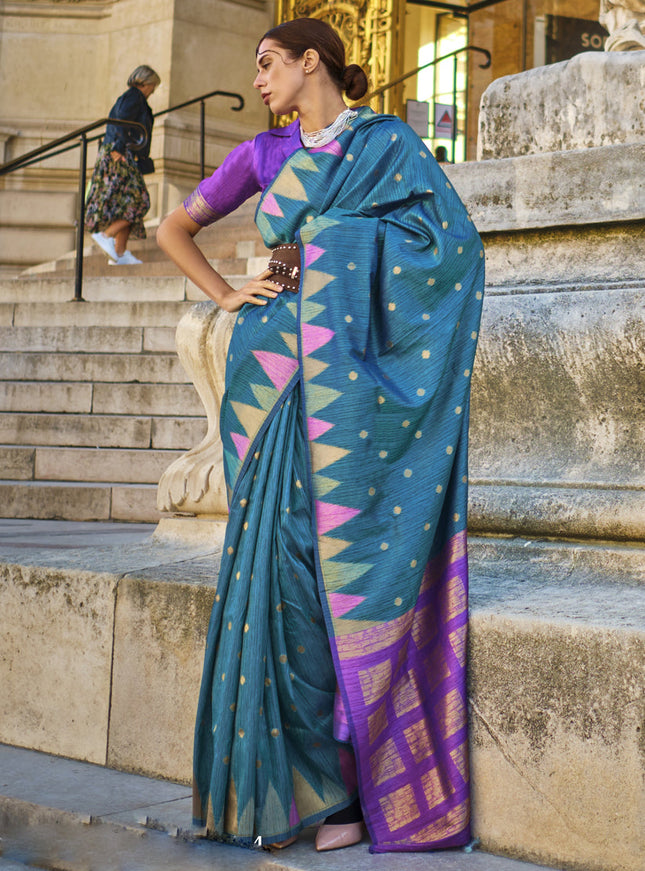Teal Blue Art Silk Handllom Woven Saree