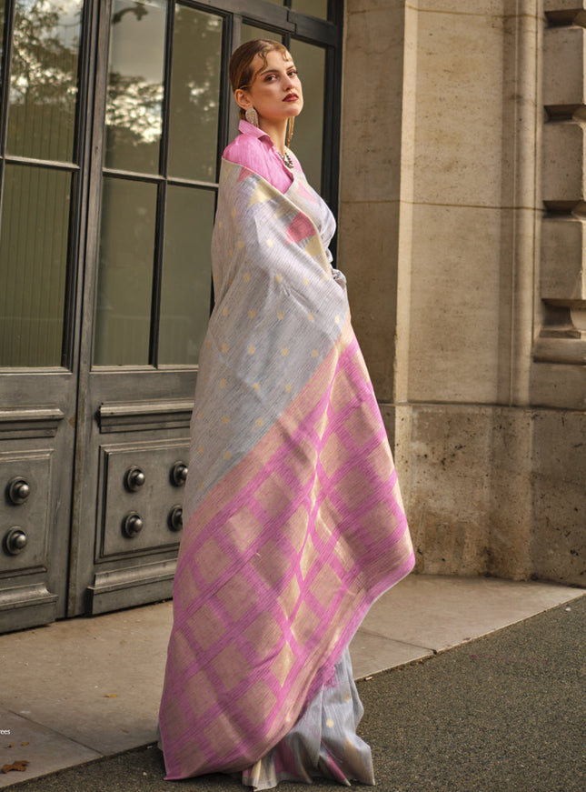 Grey Art Silk Handllom Woven Saree