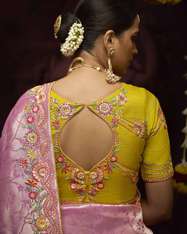 Trendsetting Rose Pink Pure Banarasi Kanjivaram Saree for Wedding