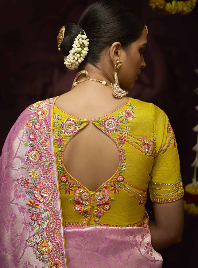 Trendsetting Rose Pink Pure Banarasi Kanjivaram Saree for Wedding