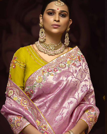 Trendsetting Rose Pink Pure Banarasi Kanjivaram Saree for Wedding