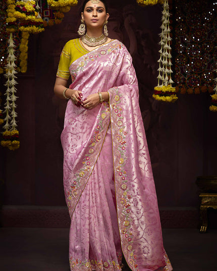 Trendsetting Rose Pink Pure Banarasi Kanjivaram Saree for Wedding