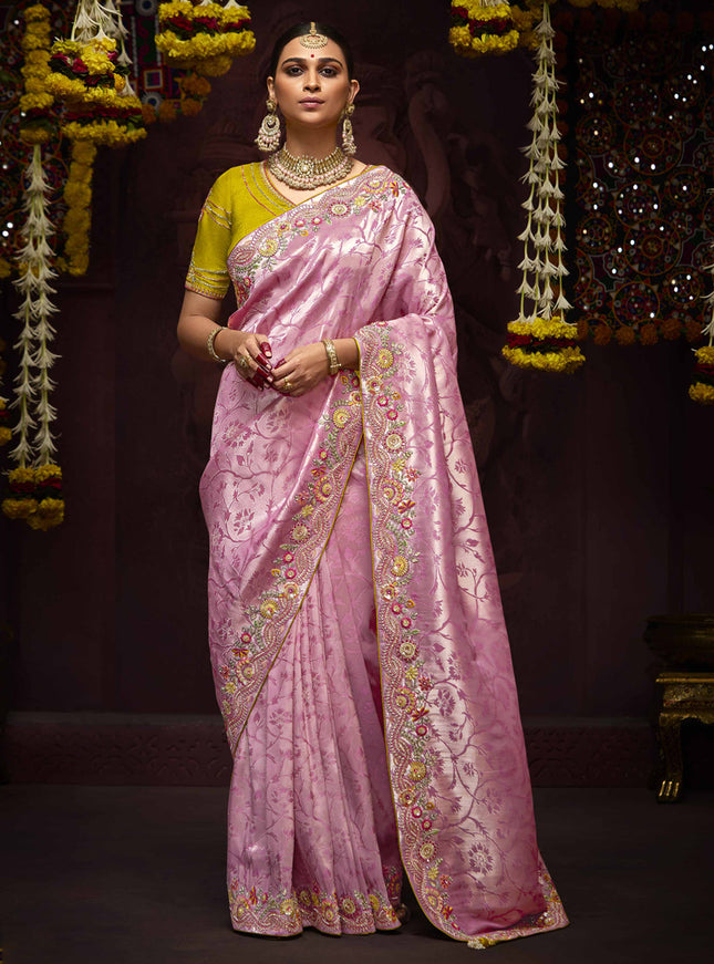 Trendsetting Rose Pink Pure Banarasi Kanjivaram Saree for Wedding