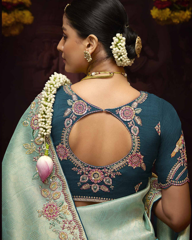 Immaculate Ice Blue Pure Banarasi Kanjivaram Saree for Wedding