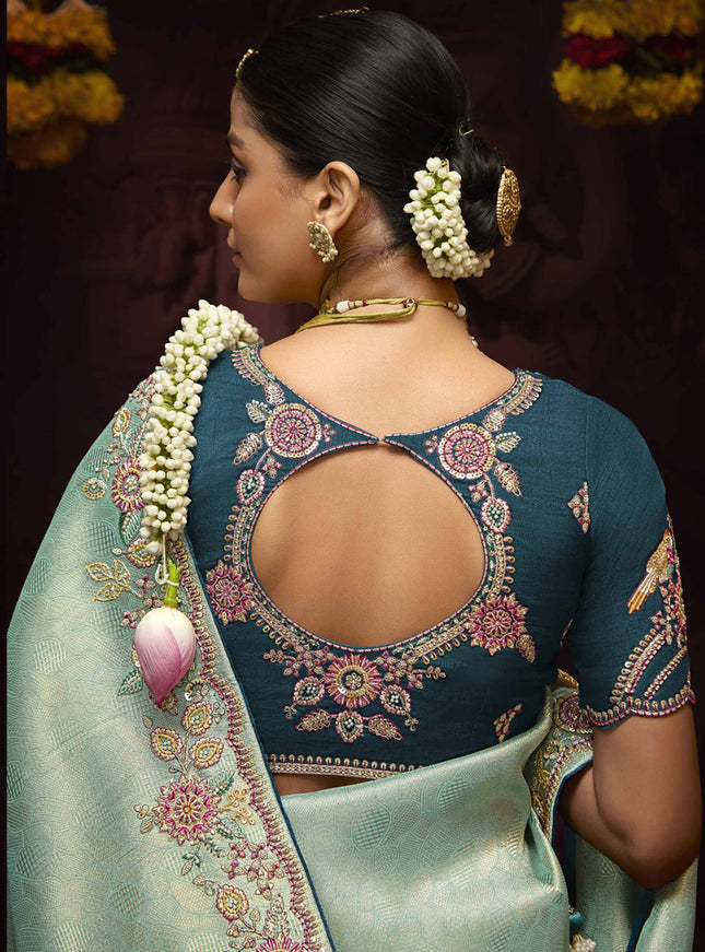 Immaculate Ice Blue Pure Banarasi Kanjivaram Saree for Wedding