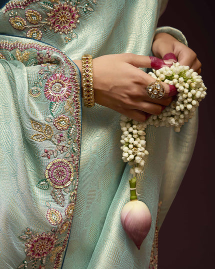 Immaculate Ice Blue Pure Banarasi Kanjivaram Saree for Wedding