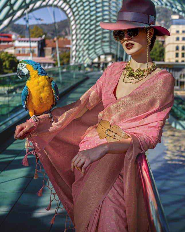 Cherry Pink Silk Handloom Weaving Saree