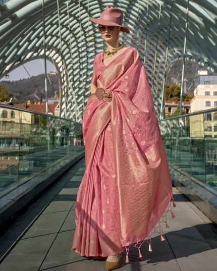 Cherry Pink Silk Handloom Weaving Saree