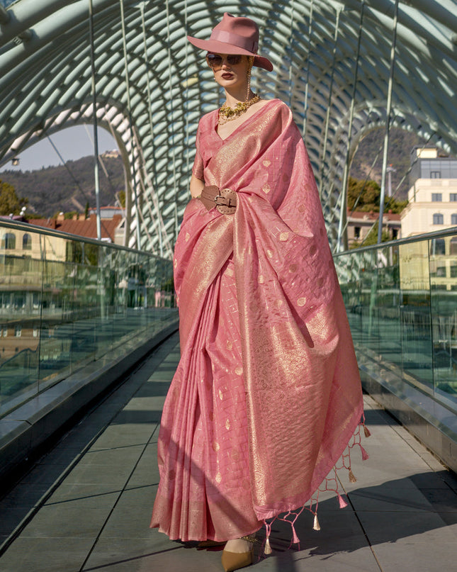 Cherry Pink Silk Handloom Weaving Saree