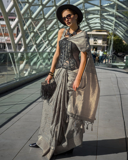 Dusty Grey Silk Handloom Weaving Saree