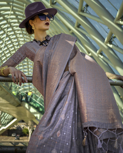 Stone Grey Silk Handloom Weaving Saree