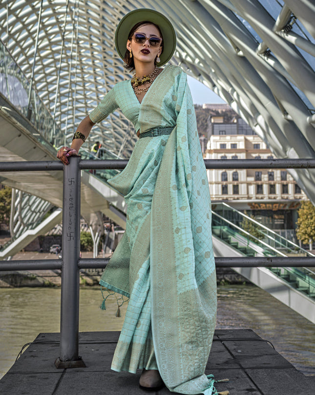 Ice Blue Silk Handloom Weaving Saree