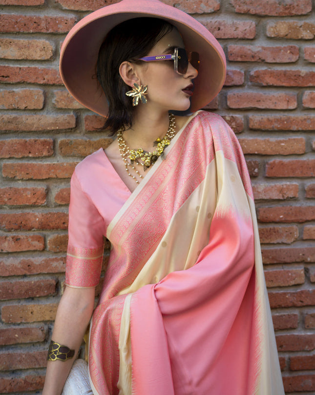 Cream and Cherry Pink Silk Weaving Saree