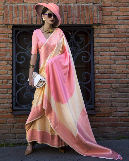 Cream and Cherry Pink Silk Weaving Saree