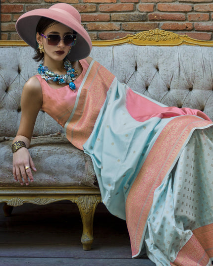 Ice Blue and Puce Pink Silk Weaving Saree